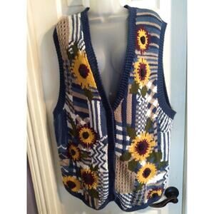 Jaque And Koko Vintage Sweater Vest Blue Yellow Embroidered Sunflowers Sz 24 Art